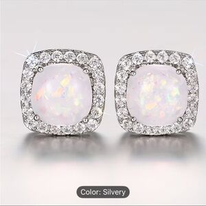 Silver White Opal Halo Stud Earrings
